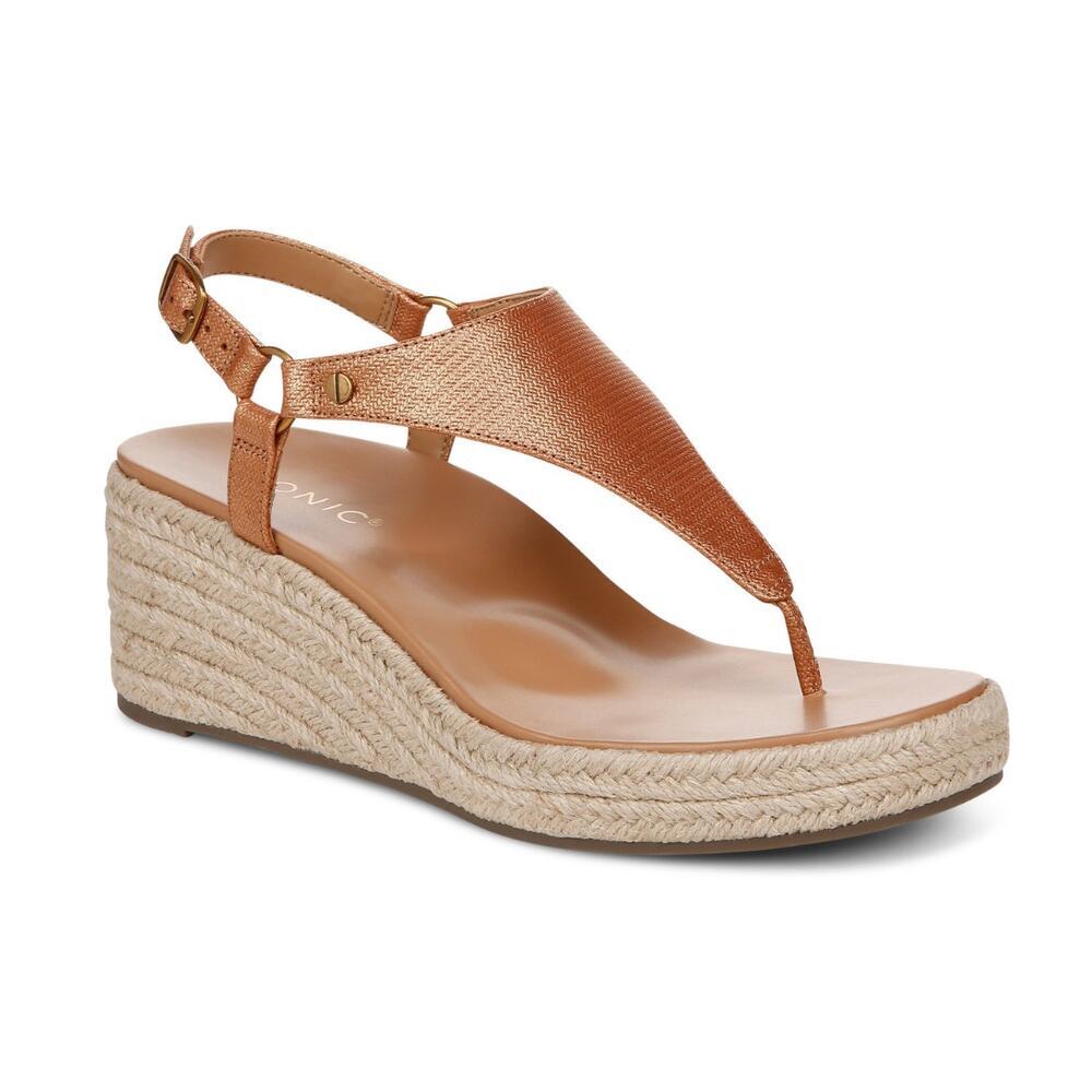 Vionic Metallic Cognac Tan Espadrille Wedge Thong Sandals